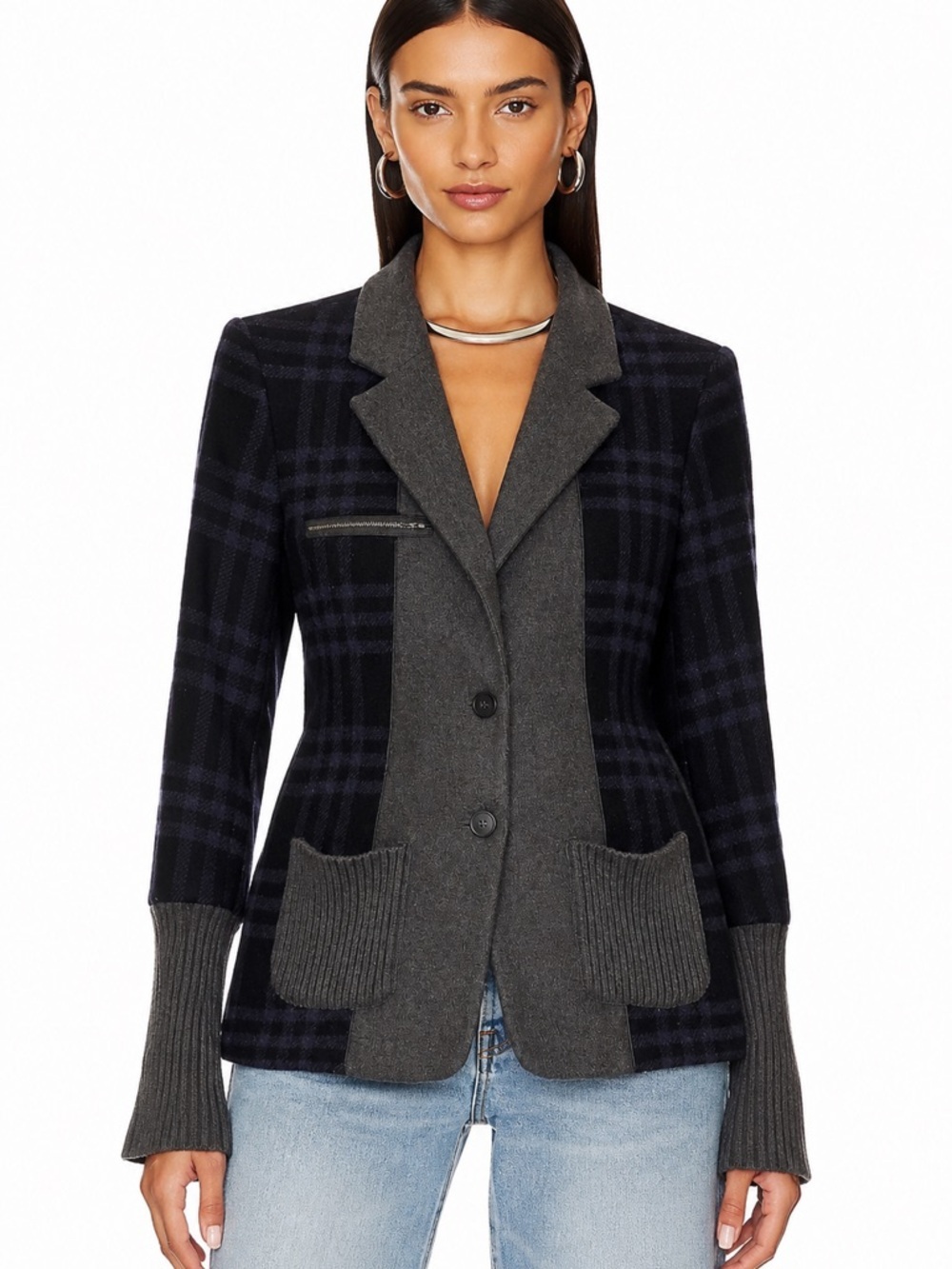 Sundance Wool Blend Plaid Blazer Jacket Size 8 Gray Blue Knit Cuffs